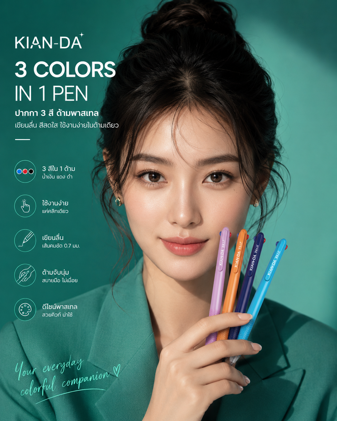 KIAN-DA ปากกา 3 สี ด้ามจับพาสเทลสุดคิวท์! คลิกเดียวเปลี่ยนสี เขียนลื่น - Image 2