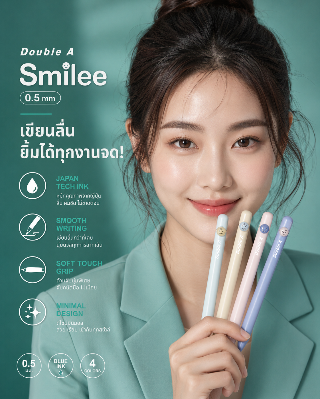 Double A ปากกาเจล รุ่น Smilee ขนาด 0.5 มม. (หมึกน้ำเงิน) บรรจุ 4 ด้าม - Image 2