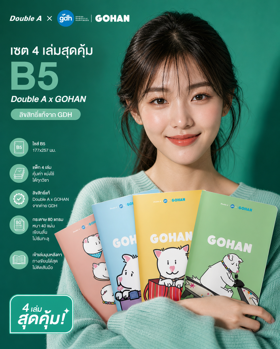Double A x GOHAN เซตสมุดจดเลกเชอร์ B5 ลิขสิทธิ์แท้ (แพ็ก 4 เล่ม) - Image 2