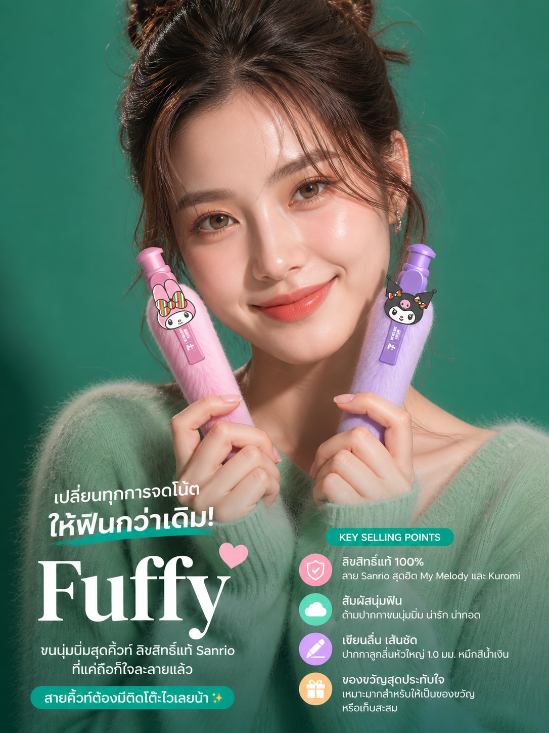 CODE:D ปากกาลูกลื่น Fuffy ขนนุ่มนิ่ม Sanrio My Melody & Kuromi ลิขสิทธิ์แท้ เขียนลื่น จับฟินสุดๆ - Image 2